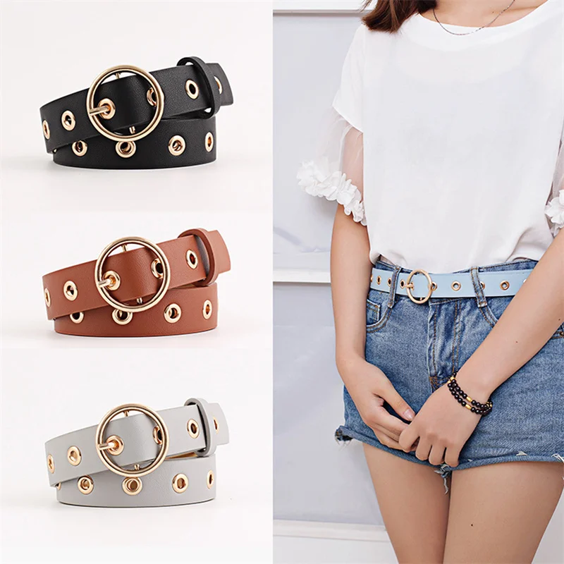 

Women Belt Round Buckle Fashion Leather Belt for Women Black Pink White Blue Red Ladies Accessories Belts