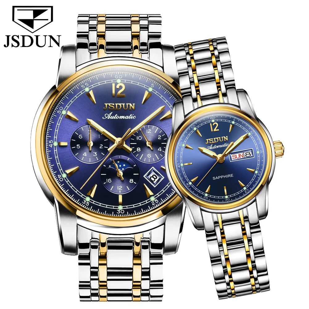 JSDUN Couple Mechanical Watch for Women Men Luminous Wristwatch Sapphire Mirror Clock Christmas Valentine's Day Gifts For Lovers