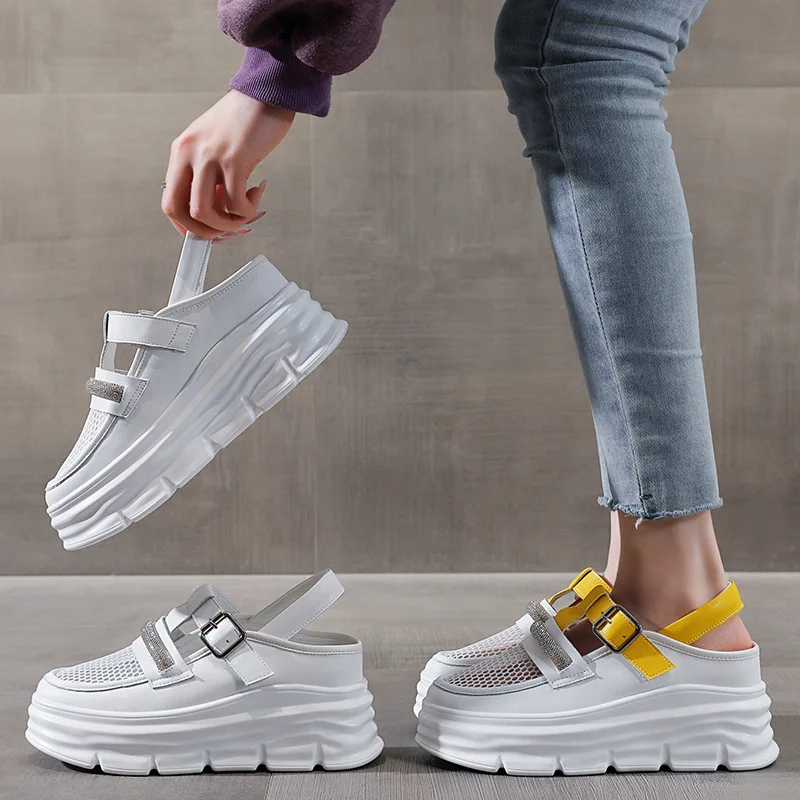 Rhinestones Mesh Hollow Women Sandals breathable Genuine Leather Comfy 2023 Summer Fashion Platform Wedge Chunky Ladies Shoes