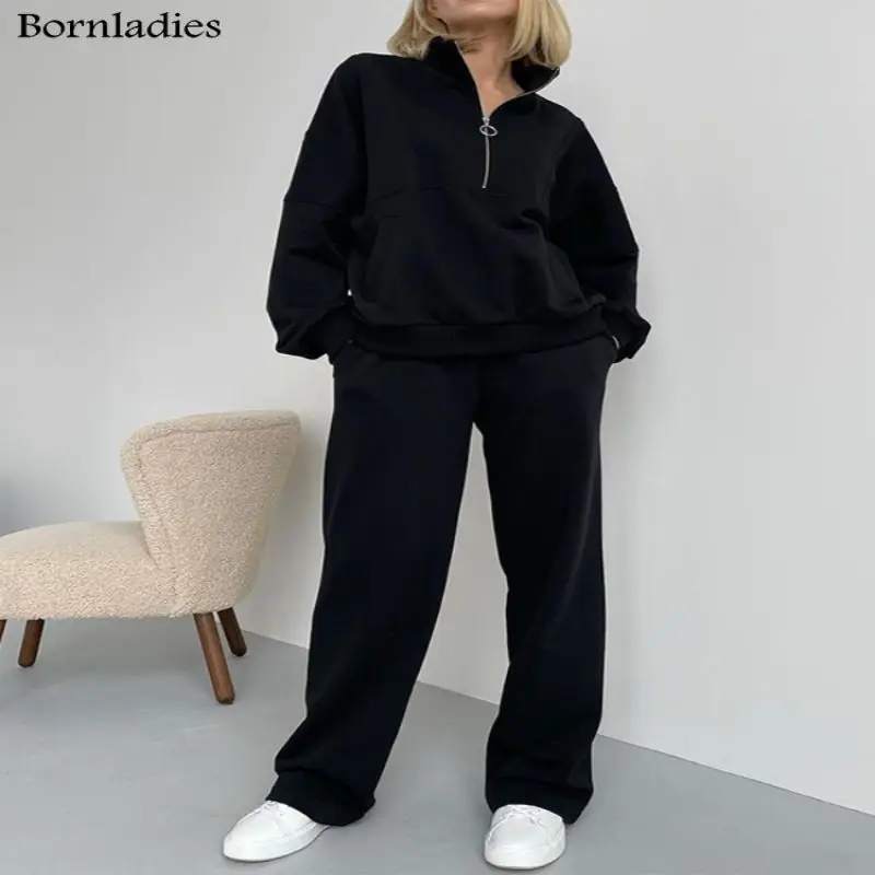 

Bornladies Casual Half-Zipper Collar Loose Two-Piece Sets Women 2022 Autumn Winter Pullovers and Wide-leg Pants Matching Sets