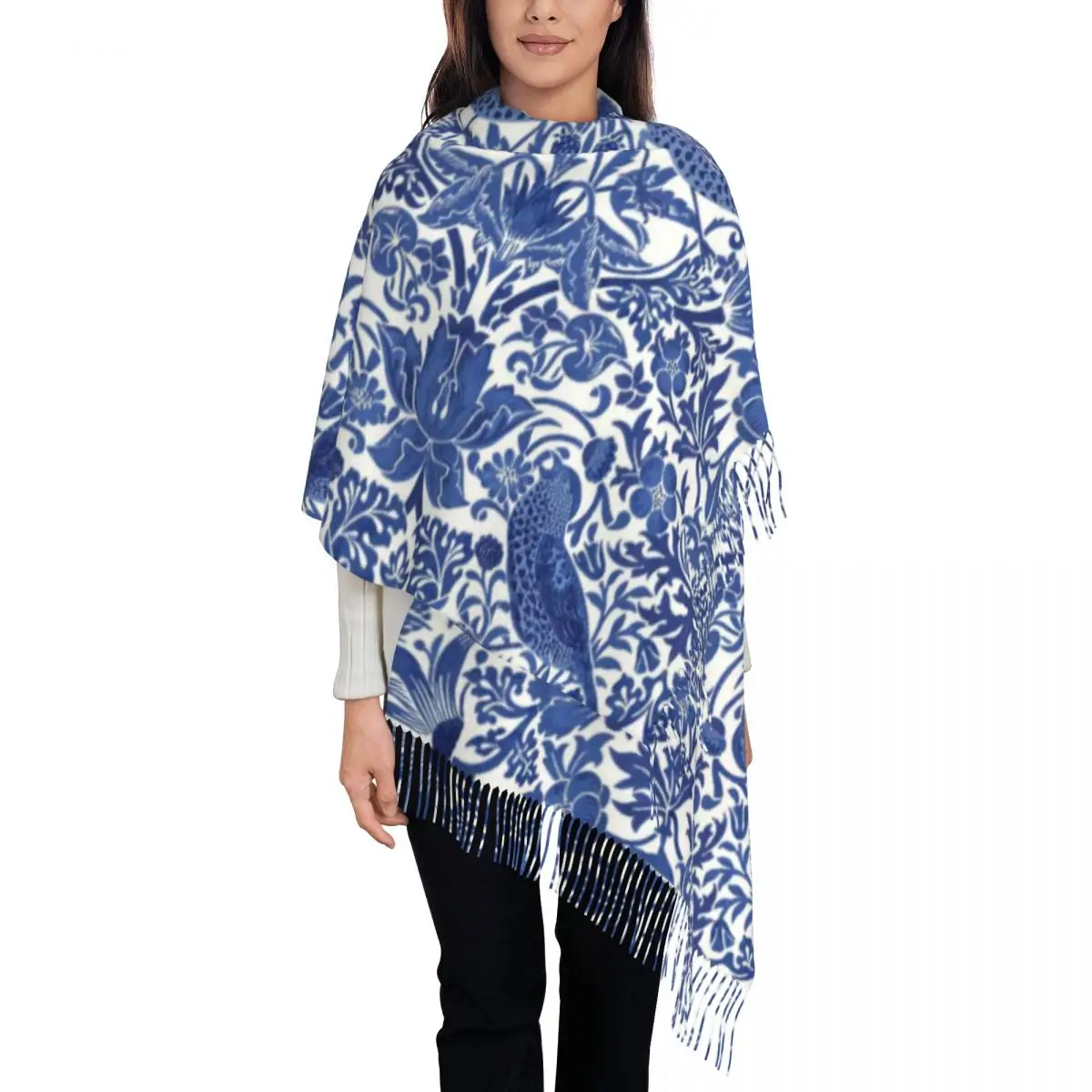 Custom Print Porcelain Blue Oriental Bird Pattern Scarf Men Women Winter Fall Warm Scarves Chinoiserie Shawls Wraps