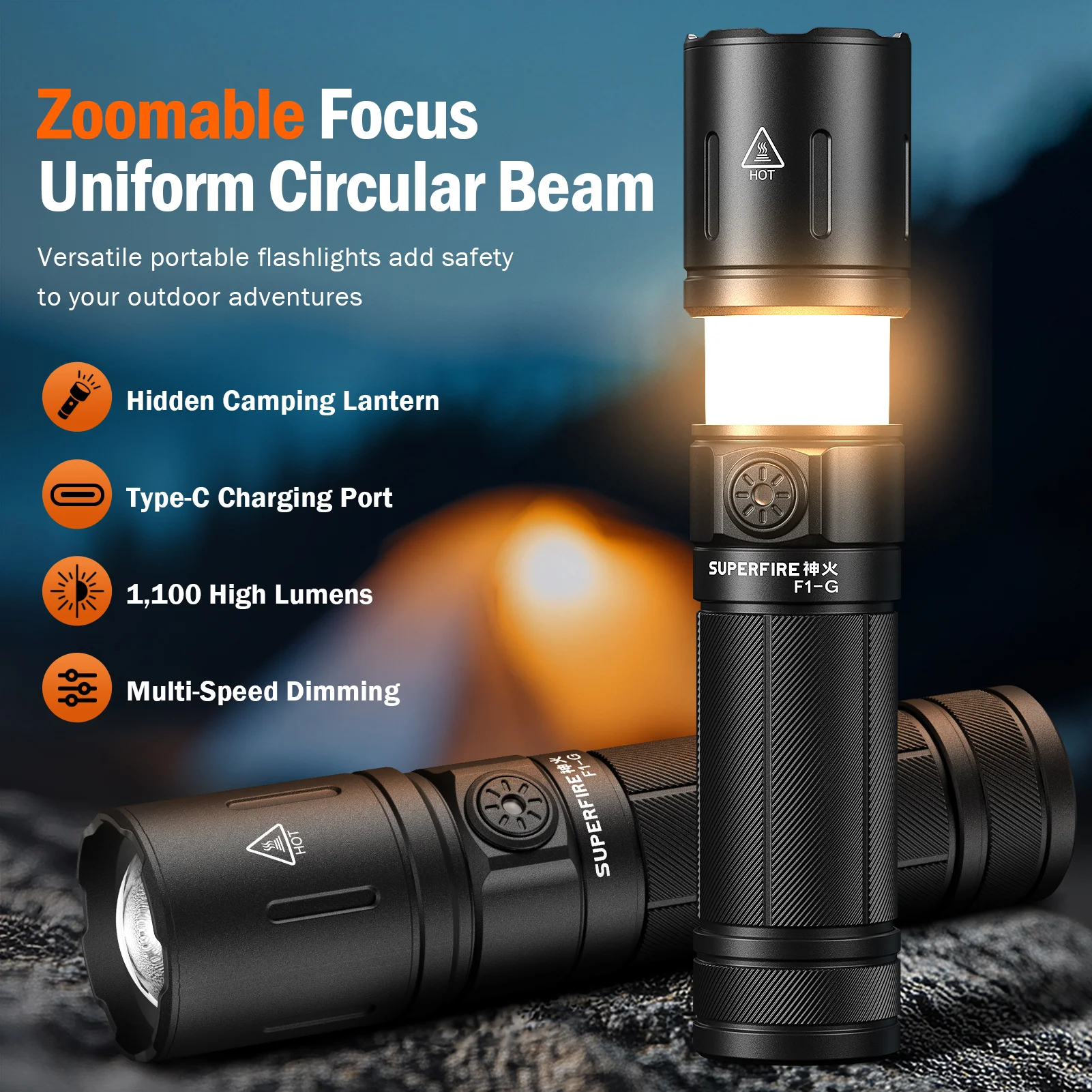 

SUPERFIRE F1-G USB-C перезаряжаемый светодиодный фонарик, белый/теплый свет