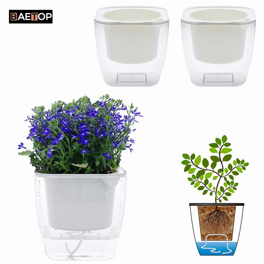 3 Sizes Clear Plastic Automatic-Watering Planter Bottom Watering Pots Self Watering Planter for Indoor House Plants Flower Herbs