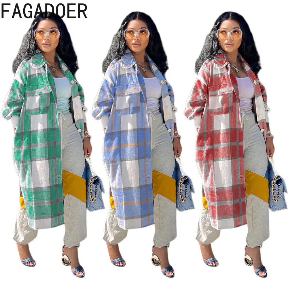 

FAGADOER Autumn Winter Long Loose Plaid Print Coats Women Turndown Collar Button Long Sleeve Top Casual Single Breasted Cardigan