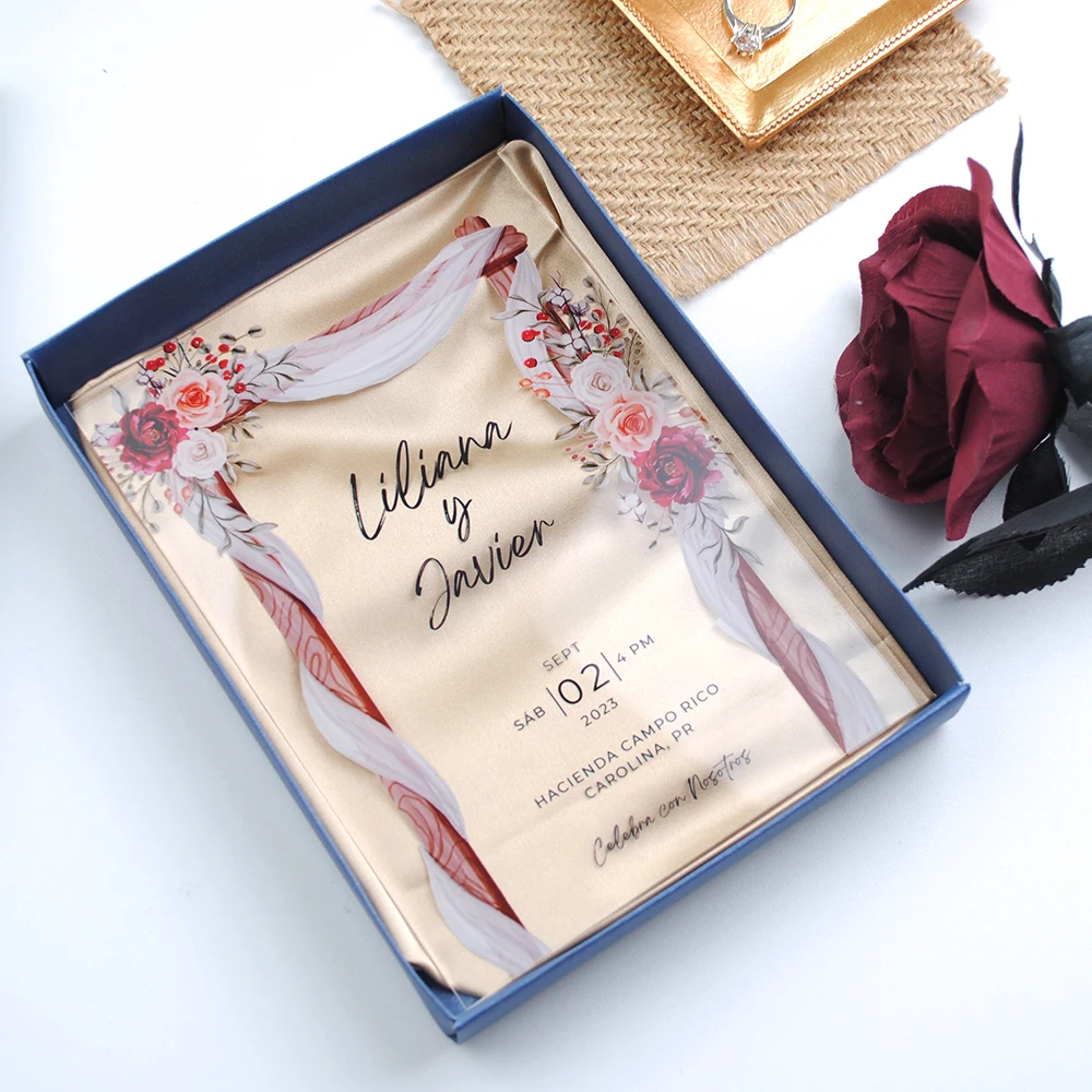 

Персонализированные акриловые открытки с пустыми коробками и атласом, Индивидуальные свадебные приглашения, 10 шт.