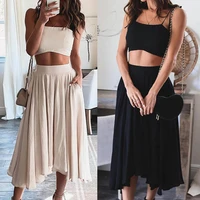 women outfit summer sexy solid casual two piece lady elegant sleeveless crop top loose skirt outfit fashion sling all match suit