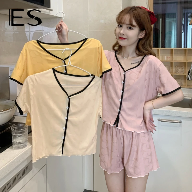 

2022 ES New pajamas women summer Korean version summer thin jacquard short-sleeved shorts sweet girl cute homewear set