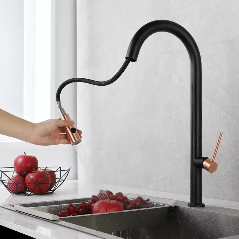 

Luxury Black High Kitchen Faucet Cold and Hot Kitchen Mixer Pull Out Two Function Deck Mounted All Brass High Quality Tap
