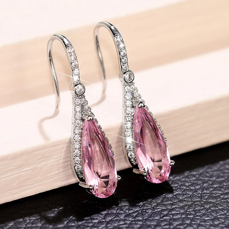 

2022 Fashion Pendant Earrings Romantic Pink Zircon Earrings for Women's Wedding Elegant Pear shaped Long Earrings Party Jewelry