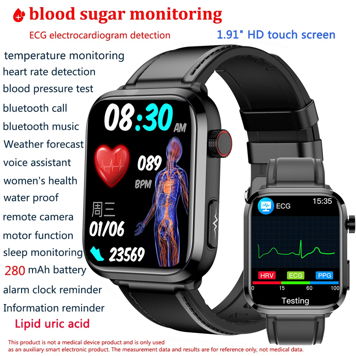 

ECG+PPG Noninvasive Blood Glucose Smart Watch Men Bluetooth Call Watch Heart Rate Uric Acid Blood Lipid Monitor Sport Smartwatch