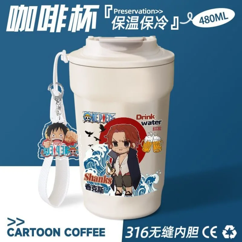 Фото Новая кофейная кружка с аниме-принтом One Piece (Дофламинго, Зоро, Санджи), большая вместимость, персонализированная термокружка из нержавеющей стали. №3
