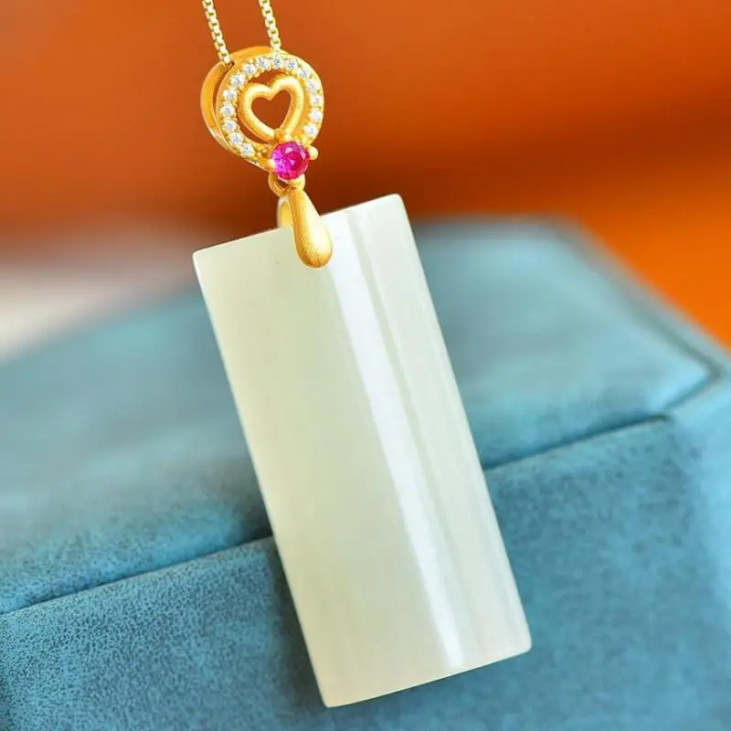 Natural White Jade Blank Pendant With Zircon Ruby Hetian Jades Nephrite Rectangular Charm 925 Sterling Silver Necklace For Women