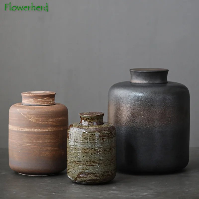 

Japanese-style Rough Pottery Shadow Tea Pot Handmade Retro Household Ceramic Moisture-proof Sealed Tea Pot Canister Set Kitchen