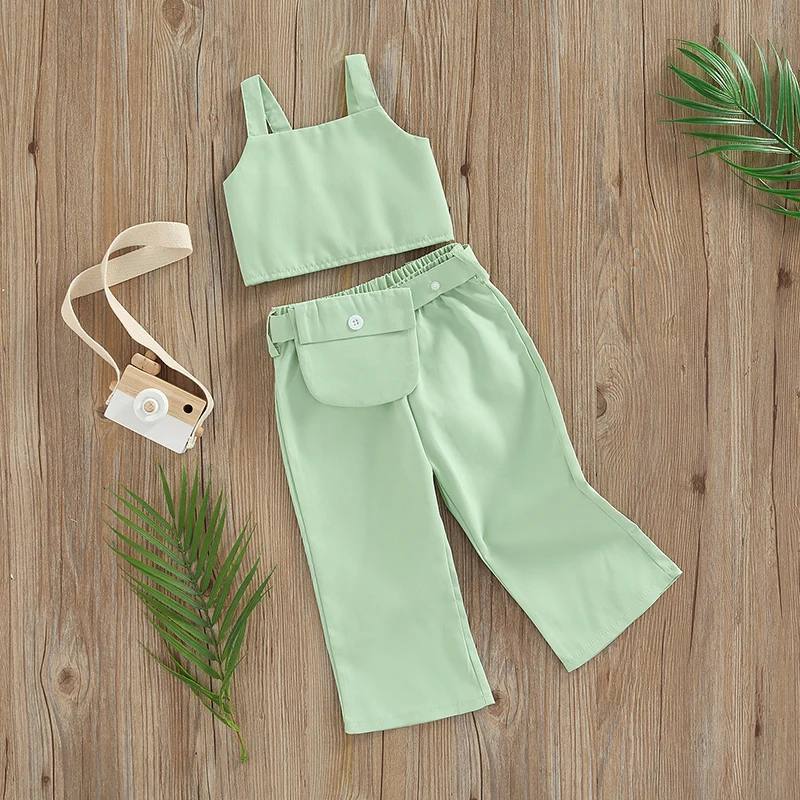 

Комплект одежды для девочек 3 шт., модная однотонная майка и длинные штаны с поясом, на возраст от 9 до 4 лет, летняя одежда