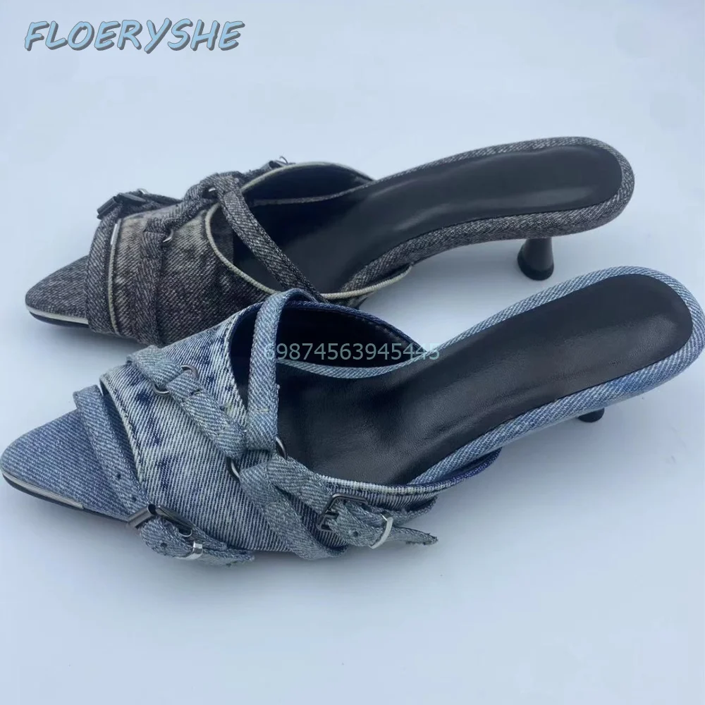 Женские ковбойские шлепанцы черные или синие с острым носком на тонком каблуке