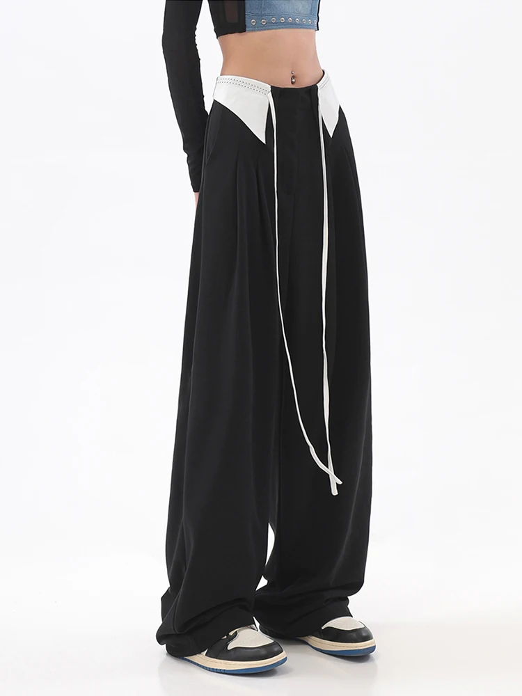

Женские спортивные брюки y2k контрастных цветов с низкой талией, брюки на завязках, прямые брюки с широкими штанинами, повседневные женские джинсы