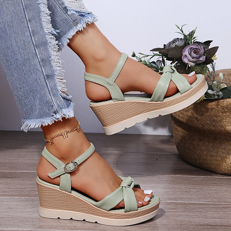 

2022 new Summer 7cm Heel Solid Women Wedges Sandals Open Toe One Line Buckle Female Beach Sandal Muffin Sole Lady Fairy Sandals