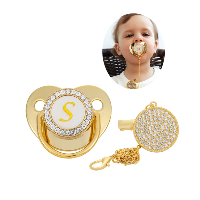 Luxury Gifts Gold 26 Name Initial Letter Baby Pacifier Clips Food Grade Silicone Bling Soother Infant Nipple Newborn Pacifiers
Luxury Gifts Gold 26 Name Initial Letter Baby Pacifier Clips Food Grade Silicone Bling Soother Infant Nipple Newborn Pacifiers