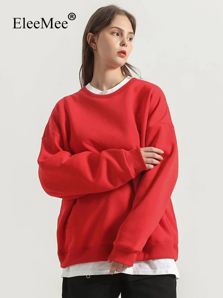 

EleeMee Size S-2XL Sweatshirt Women Fleece Warm Solid Color Loose Sweater Casual Daily Ins Fashion 2022 New Arrival Hoodies