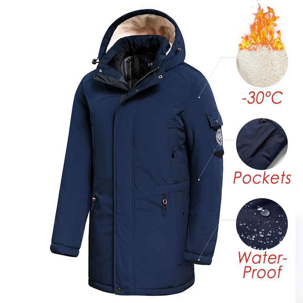 Men 2022 Winter New Casual Long Thick Fleece Hooded Waterproof Parkas Jacket Coat Men Outwear Fashion Pockets Parka Jacket 46-58