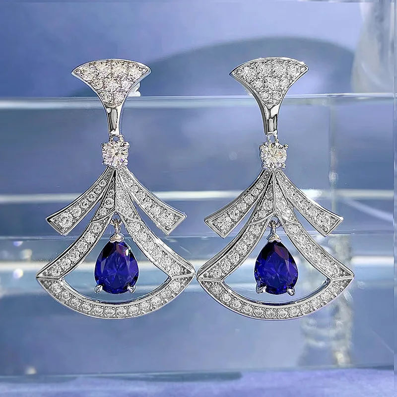 

European and American new S925 sterling silver micro-set 1-carat pear shaped sapphire luxury full diamond classic earrings