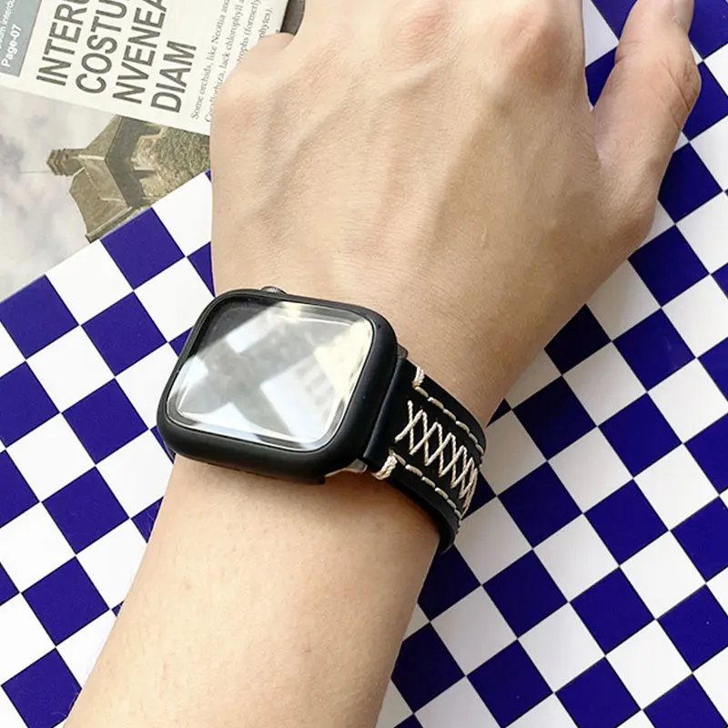 Hand stitched leather strap for apple watch band 40mm 44mm 42mm iWatch band 38mm 41mm 45mm correa apple watch serie 7 6 5 4 3 SE