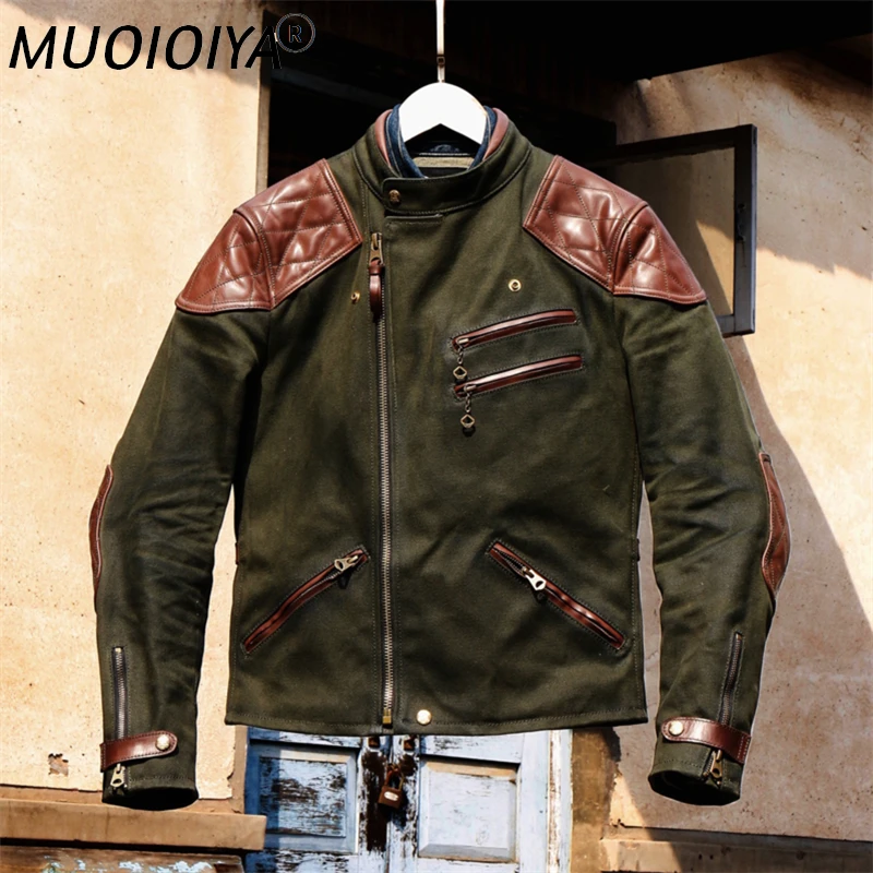 

Fast Shipping,Asian Size Genuine Cow Leather Waterproof 18oz Canvas Coat Cowhide Wax Aged Looking Jacket