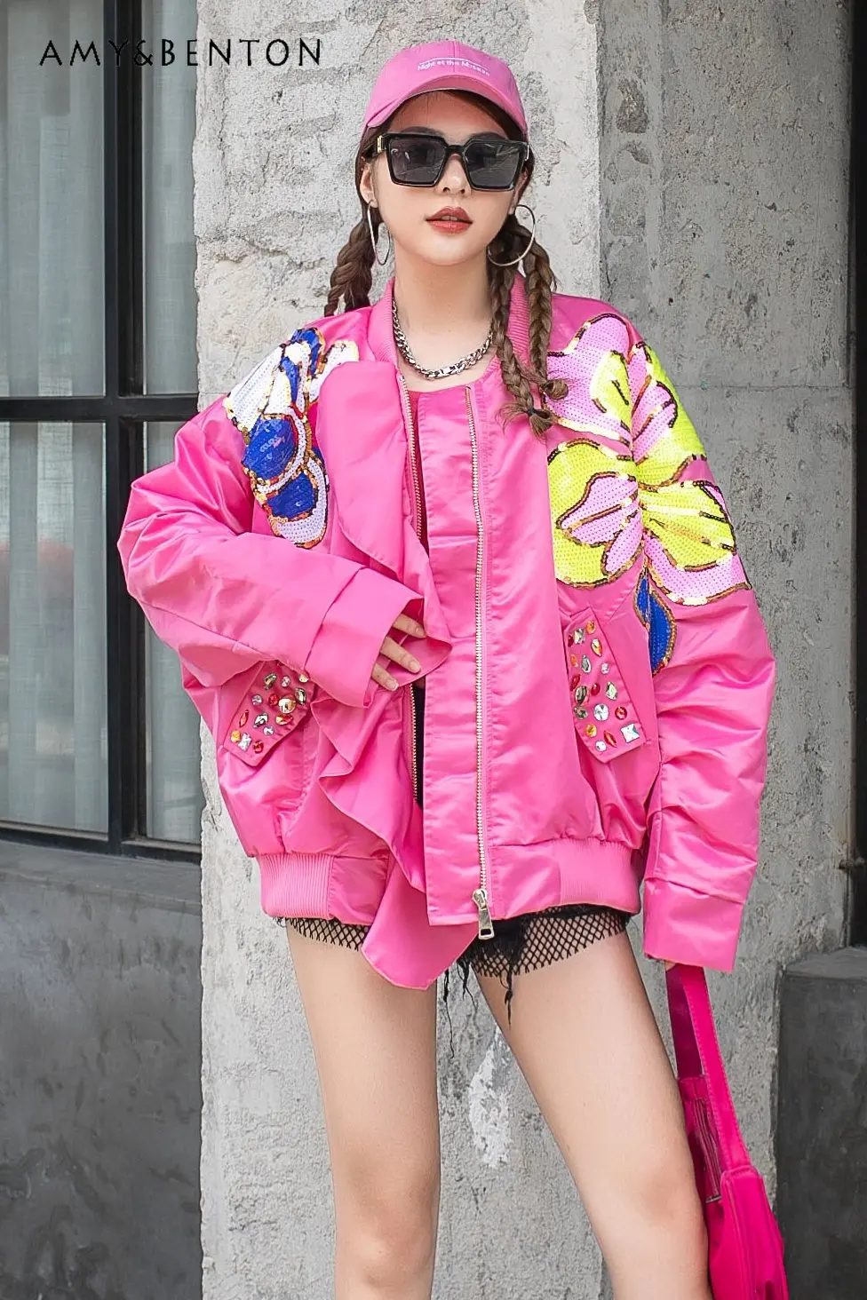 Trendy Brand Spring and Autumn New Flower Stitching Women's Wooden Ear Sequined Jacket Loose Casual Patchwork Coats for Ladies