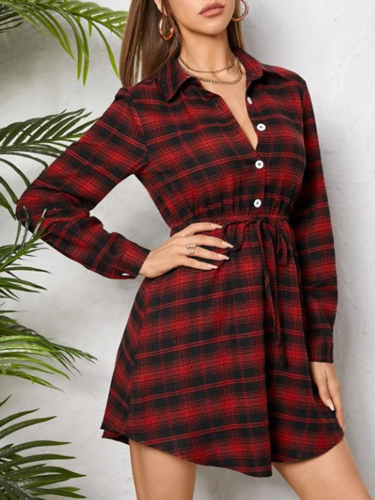 

Trendeez Casual Plaid Turn-down Collar A-line Mini Dress