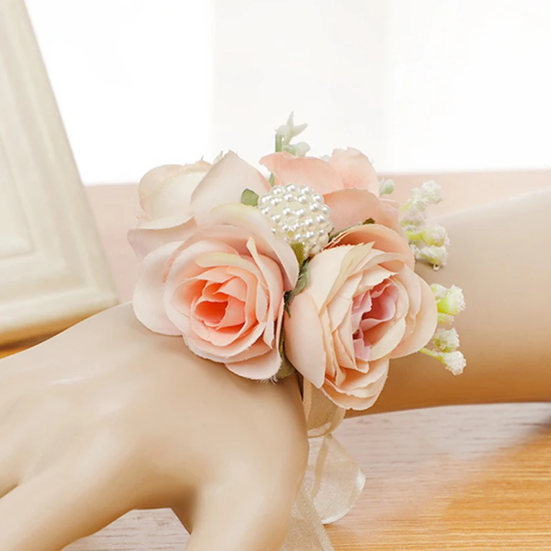 

Bridal Wrist Corsage Wedding Bridesmaid Hand Flower 4 Rose Head Pearls Bracelet with Ribbon Festivals Photography Supplies