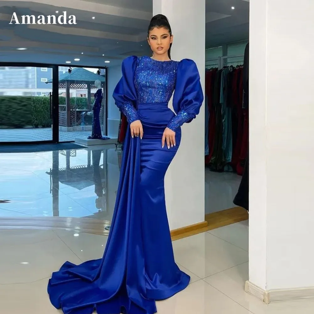 

Amanda High Neck Blue Prom Dress Balo Elbise Puffy Sleeve Evening Dress Trumpet فستان سهرة Mermaid вечернее платье люкс 2023