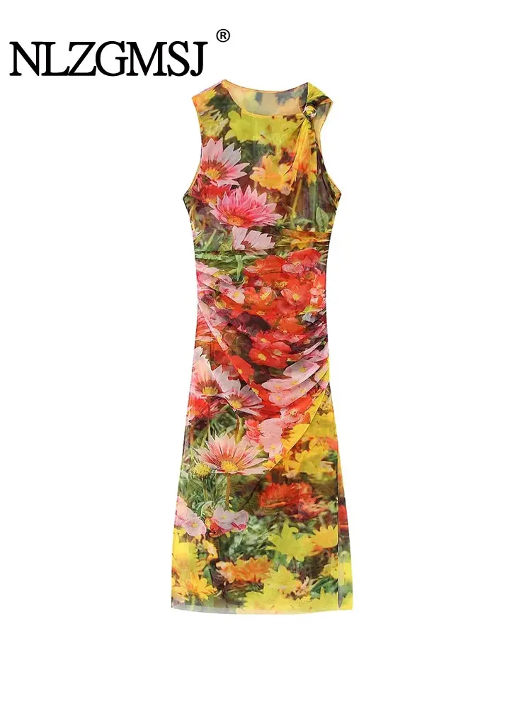 

TRAF 2023 Women Fashion Side Gathered Printed Tulle Midi Dress Vintage Sleeveless Female Dresses Vestidos Mujer