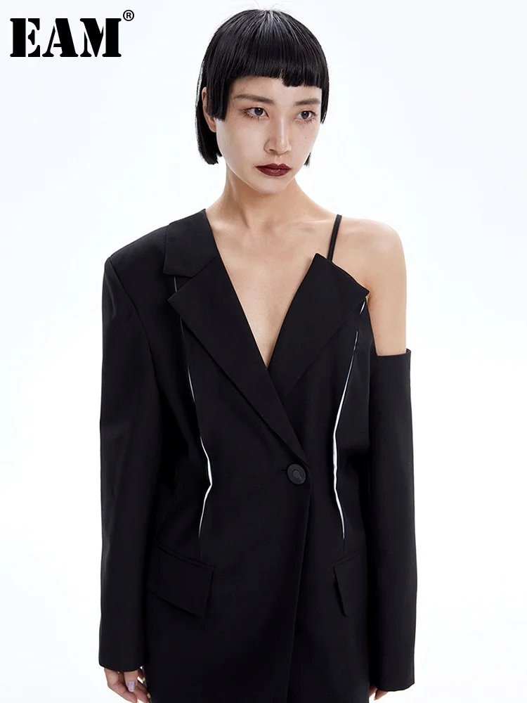 

[EAM] Women Black Off Shoulder Color-block Blazer New Lapel Long Sleeve Loose Fit Jacket Fashion Spring Autumn 2023 1DF8218