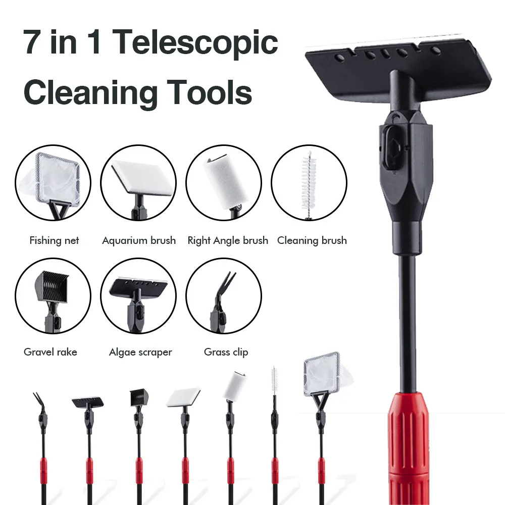

7 in 1 Aquarium Cleaning Tools Aquarium Tank Clean Set Fish Net Gravel Rake Algae Scraper Fork Sponge Brush Glass Extension-Type