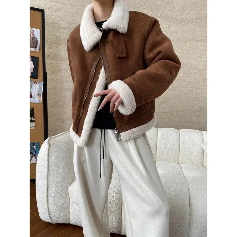 Мотоциклетный костюм из искусственной овечьей шерсти меховое пальто женское