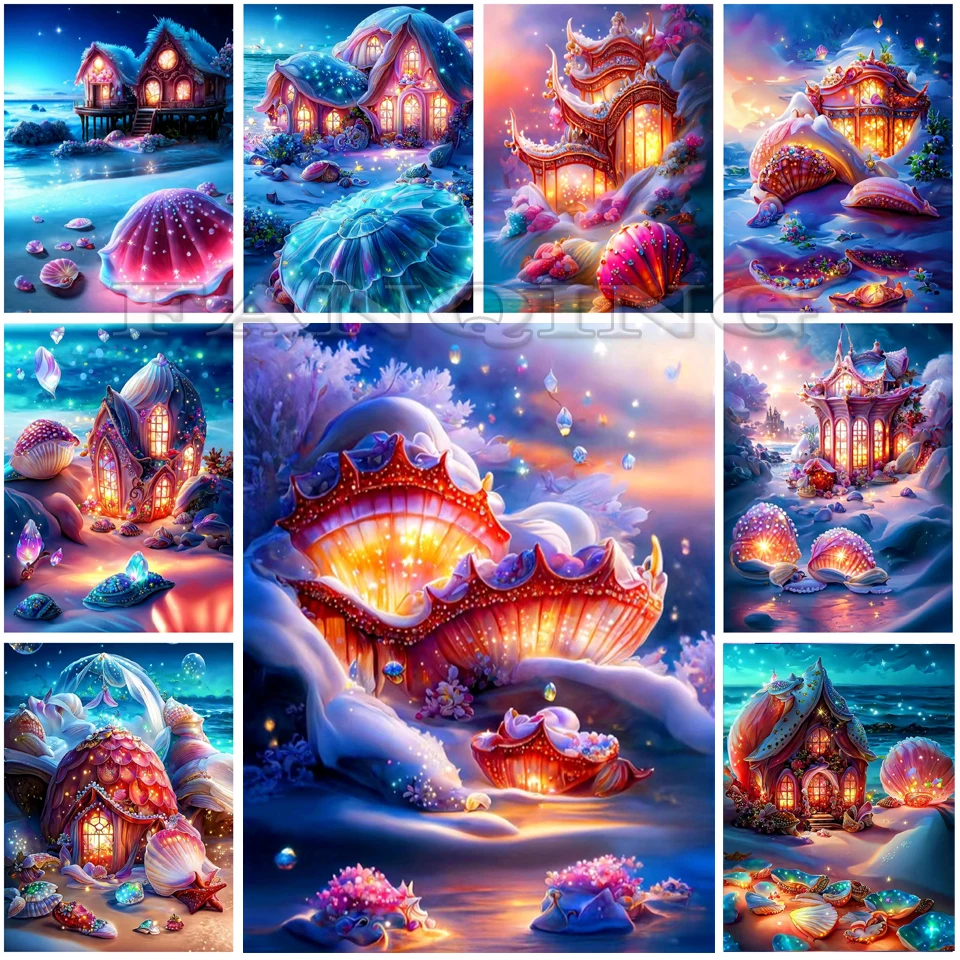 5d алмазная живопись, вышивка, Фэнтезийный дом с ракушками, пейзаж «сделай сам», Damond, мозаика, вышивка крестиком, Пляжный Пейзаж, настенное искусство, декор A166