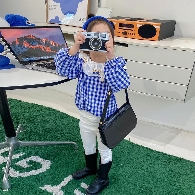 

Children Clothes 2022 Spring Autumn Korea Fashion Cotton Blue Plaid Sweet Lovely Active Lolita Blouse Toddler Girl Clothes