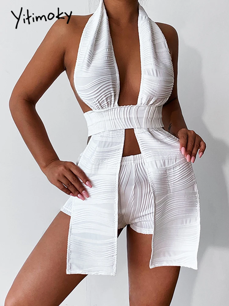 

Yitimoky Fashion Sexy Solid White Deep V-neck Halter Bandage 2 Pieces Sets Sleeveless Backless Chic Suits Outfits with Shorts