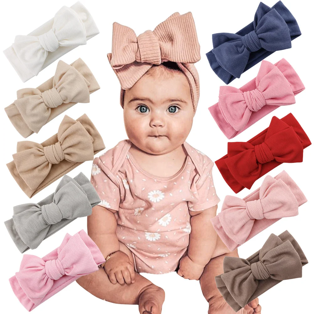 

Solid Ribbed Cotton Baby Headband Big Bow Double Layers Knotted Headwraps Newborn Boys Girls Elastic Hair Bands Accessories