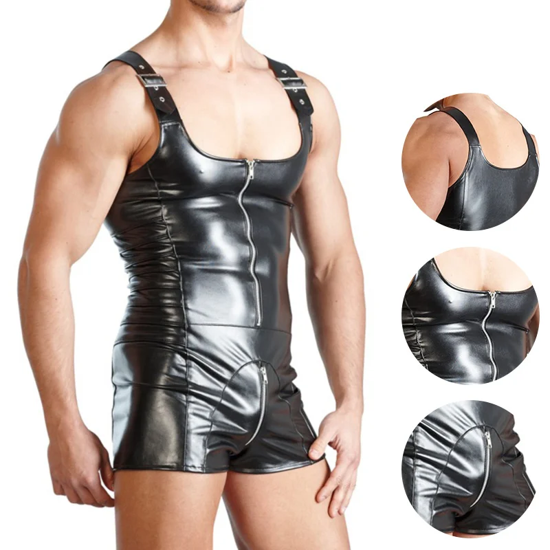 

Sexy Men Underwear Sleeveless Open Crotch Faux Leather Zipper Bodysuit Shorts Jumpsuit Shapers