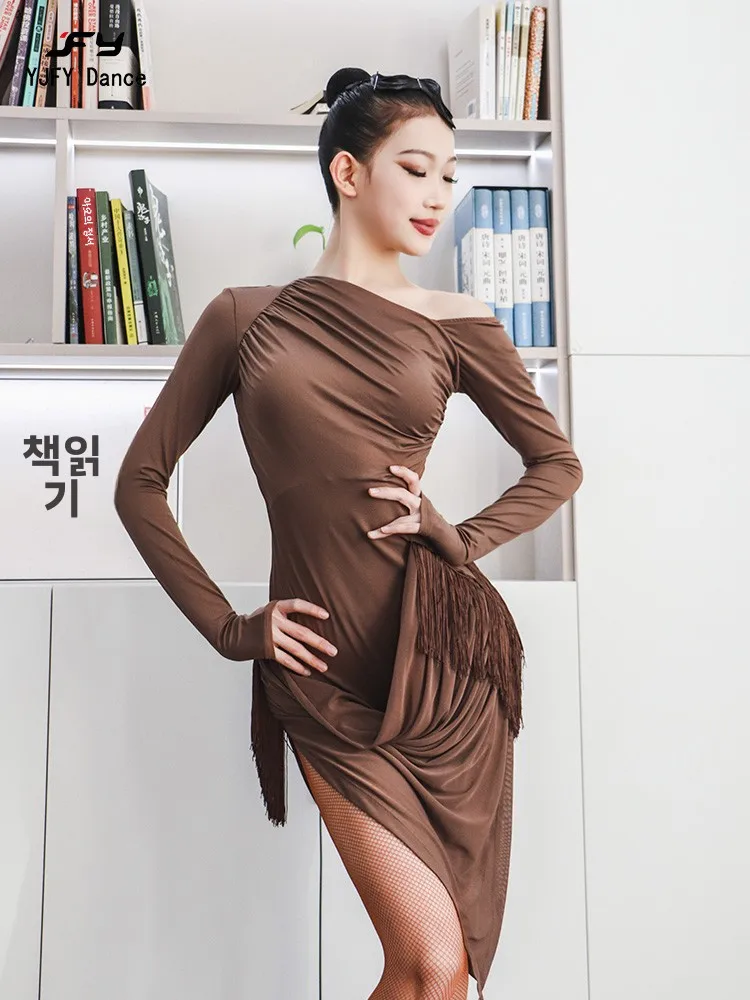 See Fanyu Daily Latin Exercise Clothing Long sleeve dress Autumn and Winter Dance Clothes Wine Red Coffee Color Adl20 |