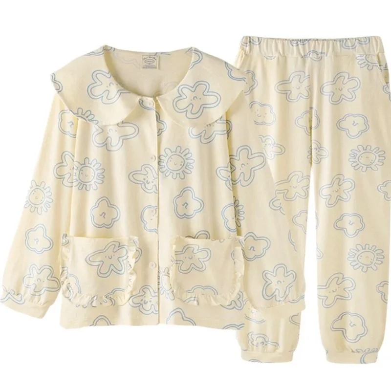 QWEEK Pajama Set Women Spring Autumn Girls Home Clothes Clouds Pijamas Doll Collar Pyjamas Sleepwear Nightwear Ruffles Pocket