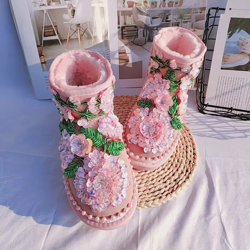 

Floral border handcrafted velvet casual all-in-one fur boots classic plus-size women's 35-44