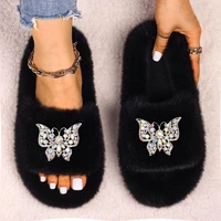 luxury retro alloy diamond butterfly indoor women warm home fur slippers open toe fluffy flip flops ladies plush winter slides