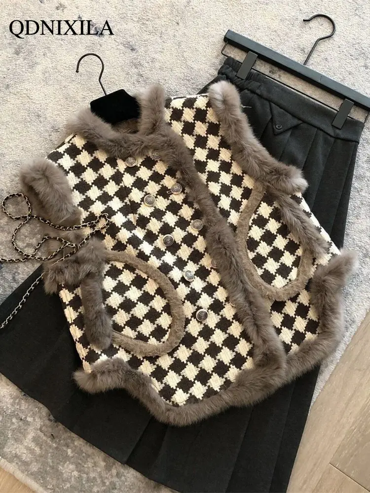 Women's Vest Jackets Faux Fur Coat Thousand Bird Checkered Fur Collar Vest Velvet Fur Waistcoat Sleeveless Vests for Women