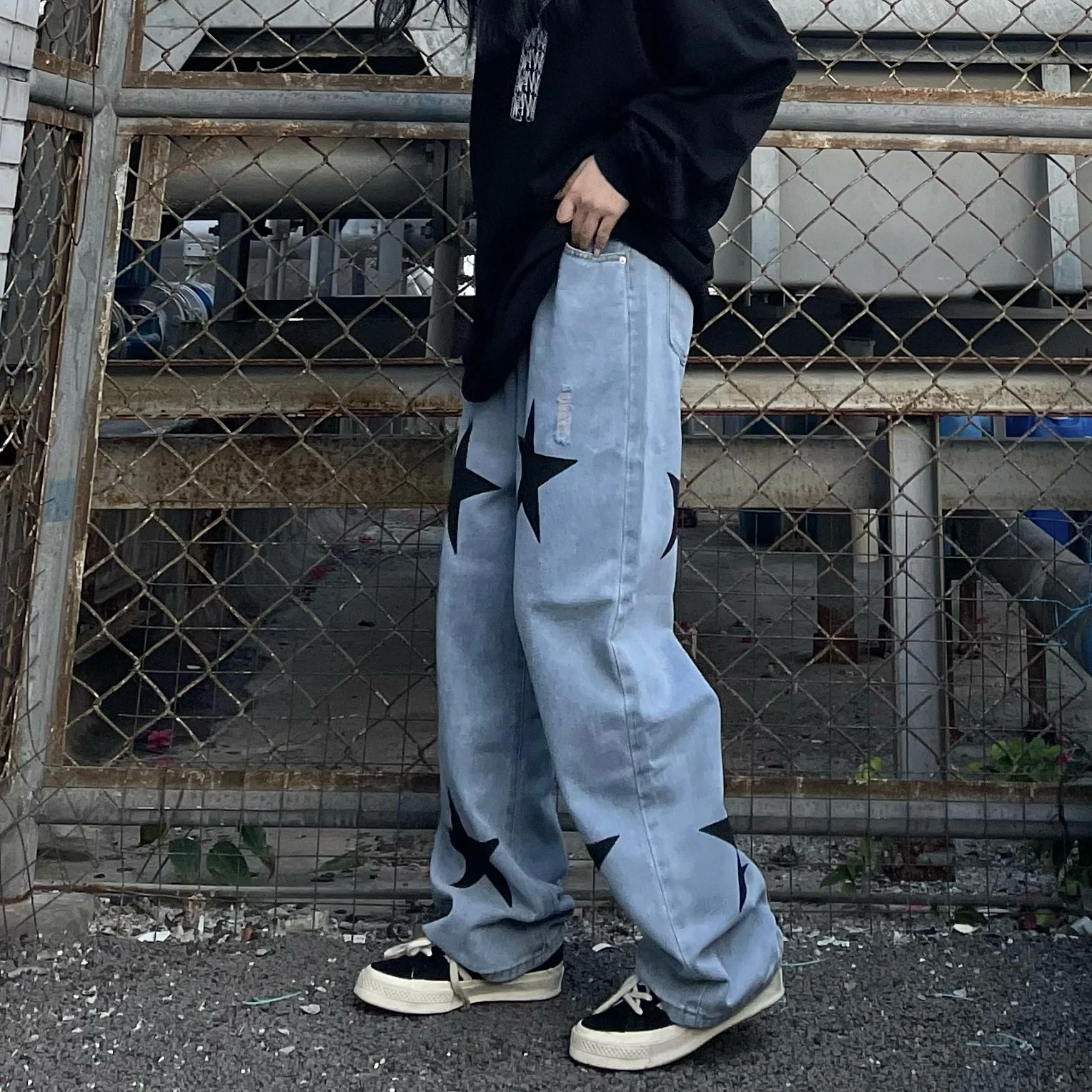 Black Stars Printed Jeans Men's 2023 Fashion Design Casual Loose Straight Pants Male Clothing