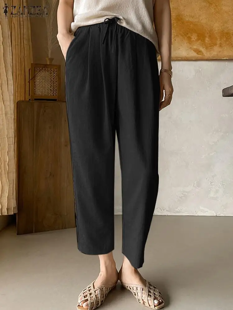 

2023 ZANZEA Summer Solid Long Trousers Women Vintage Elastic Waist Casual Harem Pants Female Work Palazzo Loose Turnip Pantalon