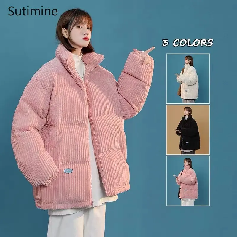 Winter Clothes Women Office Lady Pockets Corduroy Women's Winter Oversize Design Coat Zipper Loose Coat Women Winter Jacket