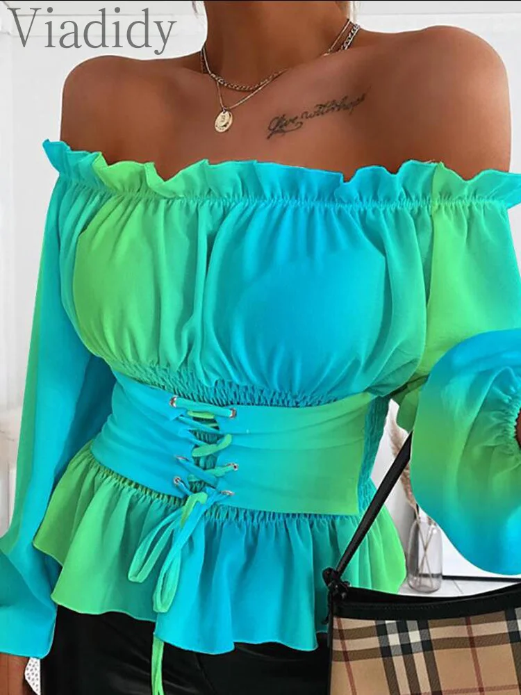 

Women summer Print Off Shoulder Blouse Ruffle Hem Shirred Top