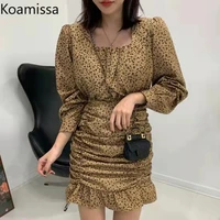 koamissa drawstring women leopard chiffon mini short dress long sleeves square collar bodycon party dress fashion spring vestido